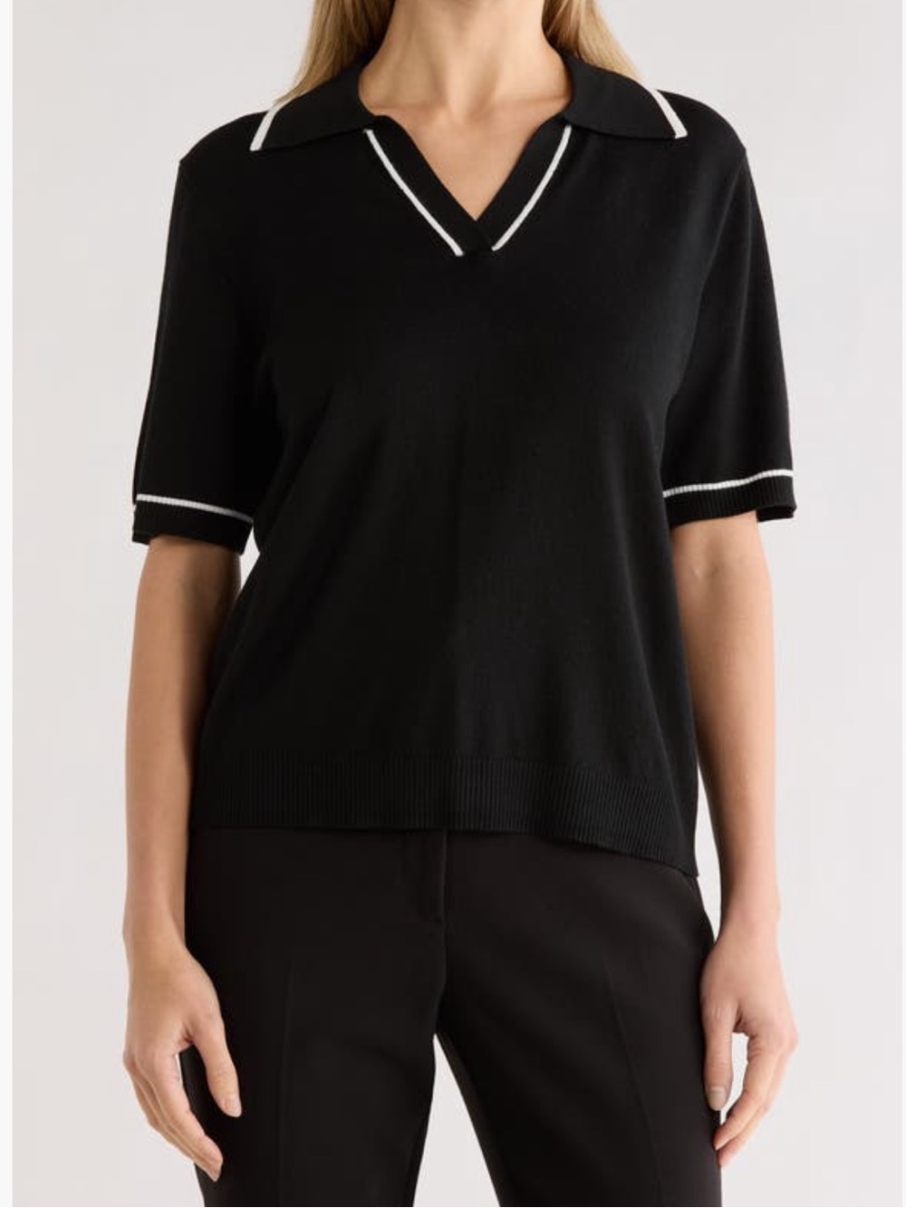 GEMMA & JANE Black Knit Polo Sweater with White Piping NWT SIZE SMALL